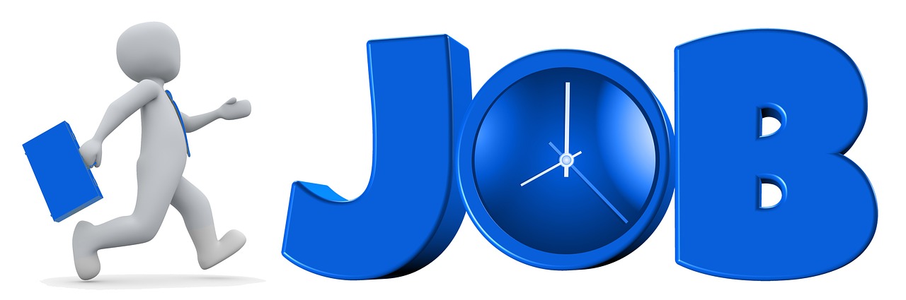a person running past a clock with the word job, trending on pixabay, conceptual art, blue, 3d design, watch photo, joke