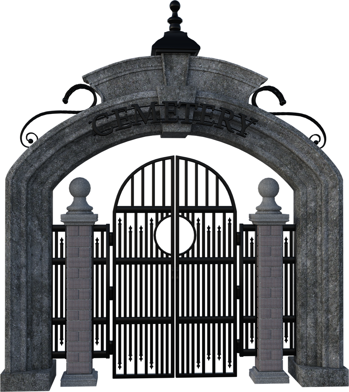 a gate with a clock on top of it, a 3D render, old cemetery, on black background, frontview, tall entry