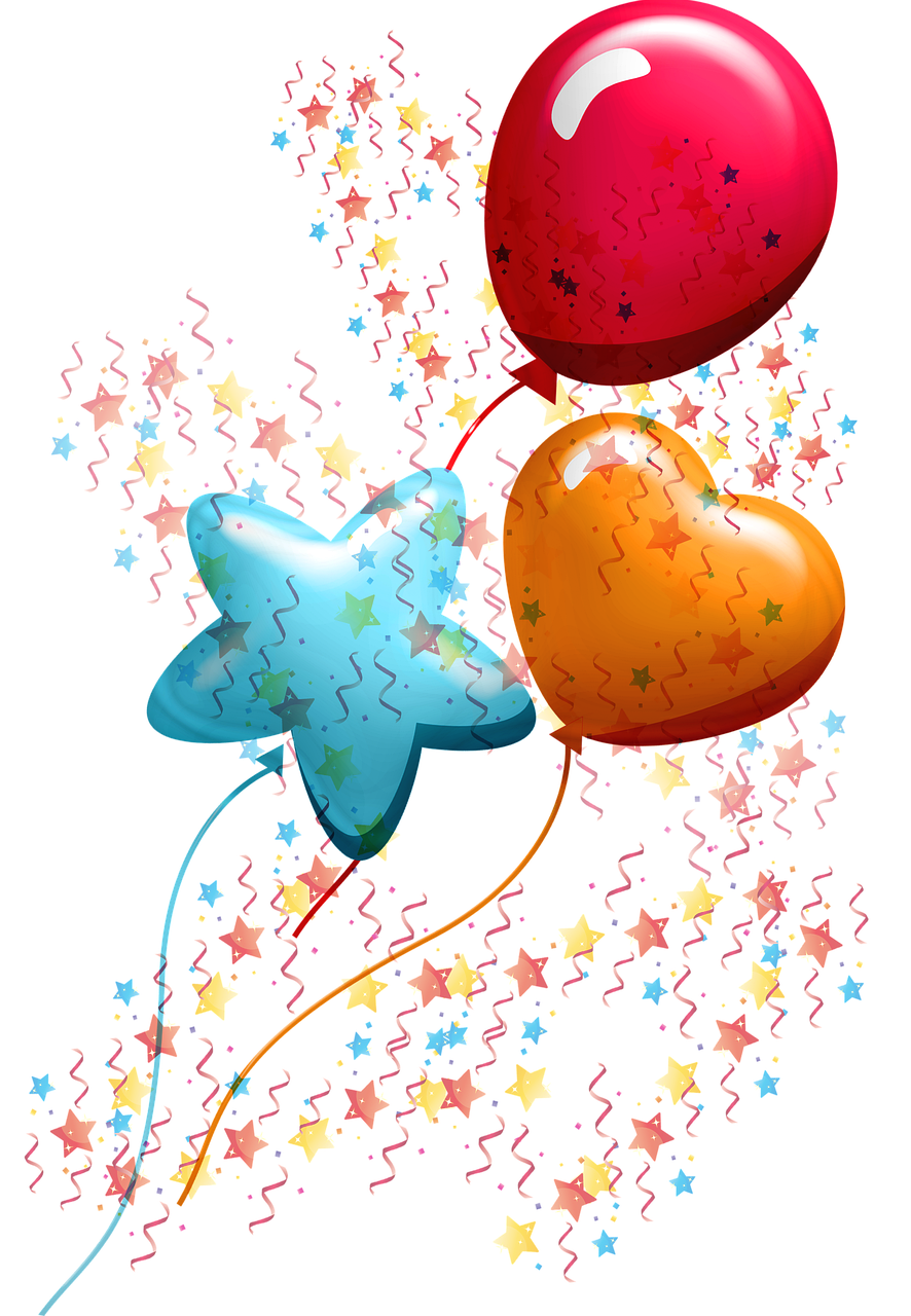 a bunch of balloons and stars on a black background, vector art, by Kiyoshi Yamashita, process art, hearts, july 2 0 1 1, koons, birthday card