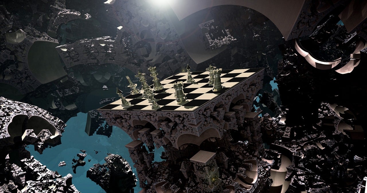a chess board sitting on top of a pile of rocks, by Benoit B. Mandelbrot, polycount contest winner, digital art, intricate machine in space, with fractal sunlight, buildings covered with greebles, playing chess