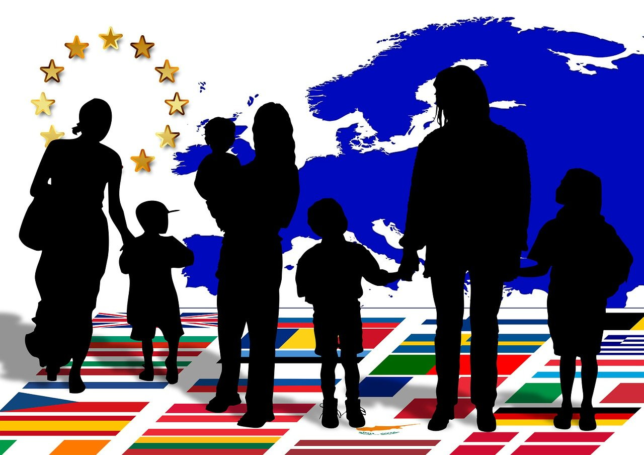 a group of people that are standing in front of a map, a digital rendering, by Líviusz Gyulai, pixabay, antipodeans, european union flag, migrant mother, happy family, black silhouette