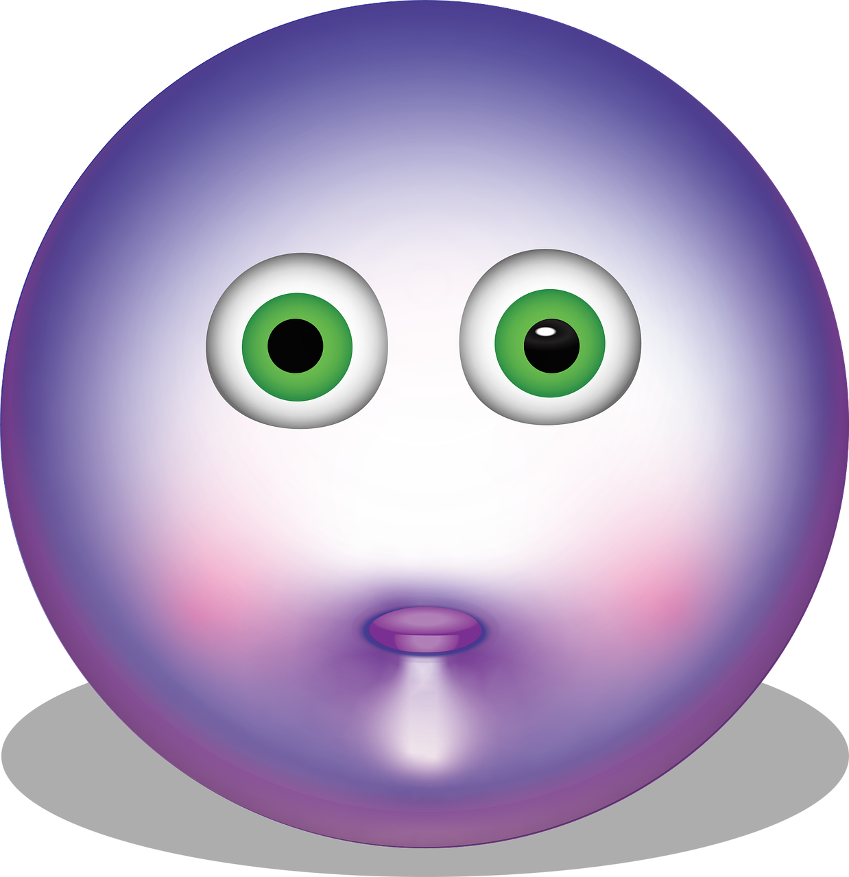 a purple ball with green eyes on a black background, a digital rendering, mingei, confused facial expression, round round round nose, irridescent ghostly, poyo