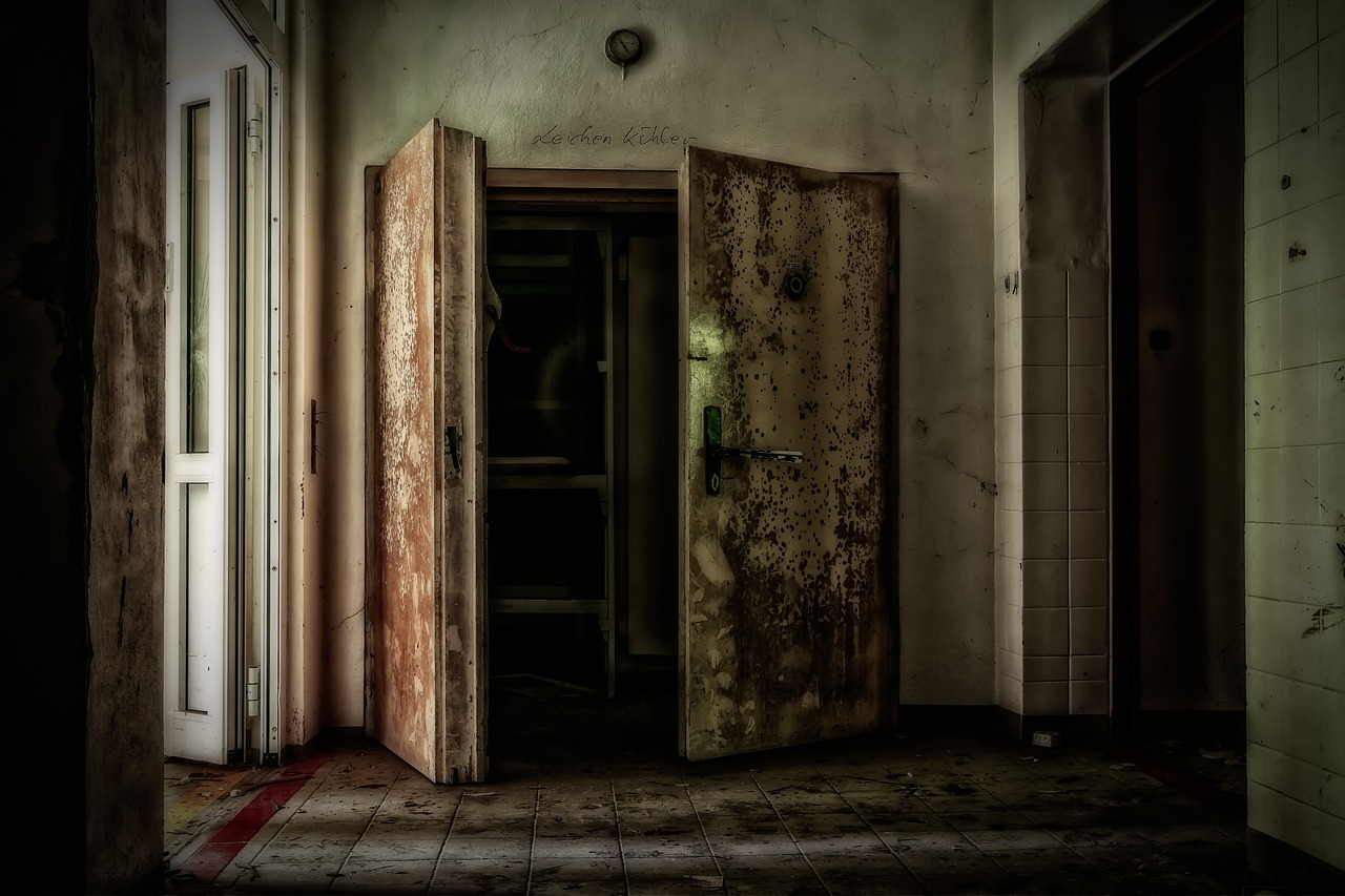 an open door in a run down building, a portrait, by Thomas Häfner, shutterstock, detention centre, tonemapped, refrigerator, spooky photo