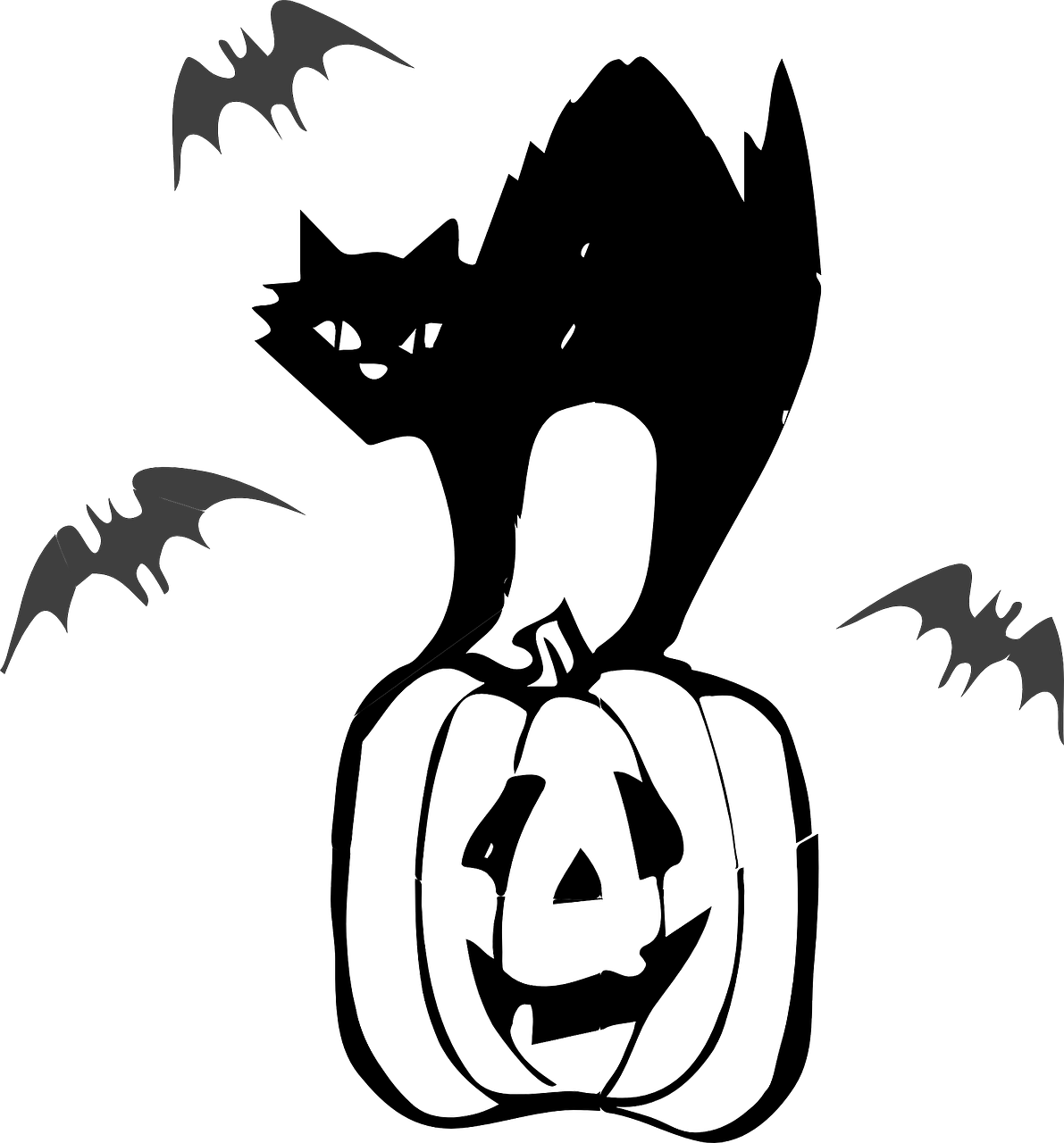 a black cat sitting on top of a pumpkin, lineart, inspired by Mirko Rački, pixabay, sōsaku hanga, white on black, bats, 15081959 21121991 01012000 4k, screensaver