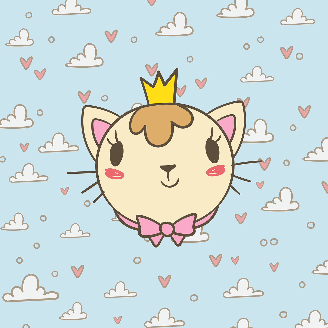 a cartoon cat with a crown on its head, inspired by Puru, pixiv, mingei, cloud background, fairy tale style background, princess 'kida' kidagakash, calico