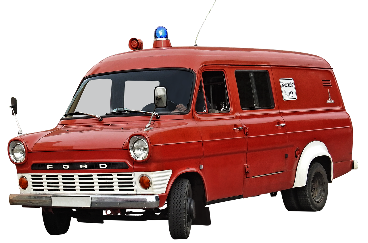 an old red fire truck with its lights on, by Andrei Kolkoutine, trending on pixabay, retrofuturism, ford, van, cop, injured