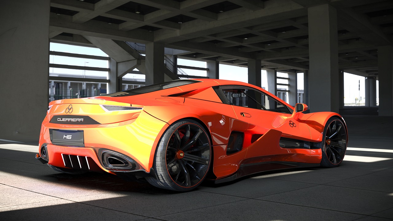 an orange sports car parked in a parking garage, a 3D render, inspired by Adrian Zingg, zbrush central contest winner, lotus, ((octane render)), videogame 3d render, super detailed render