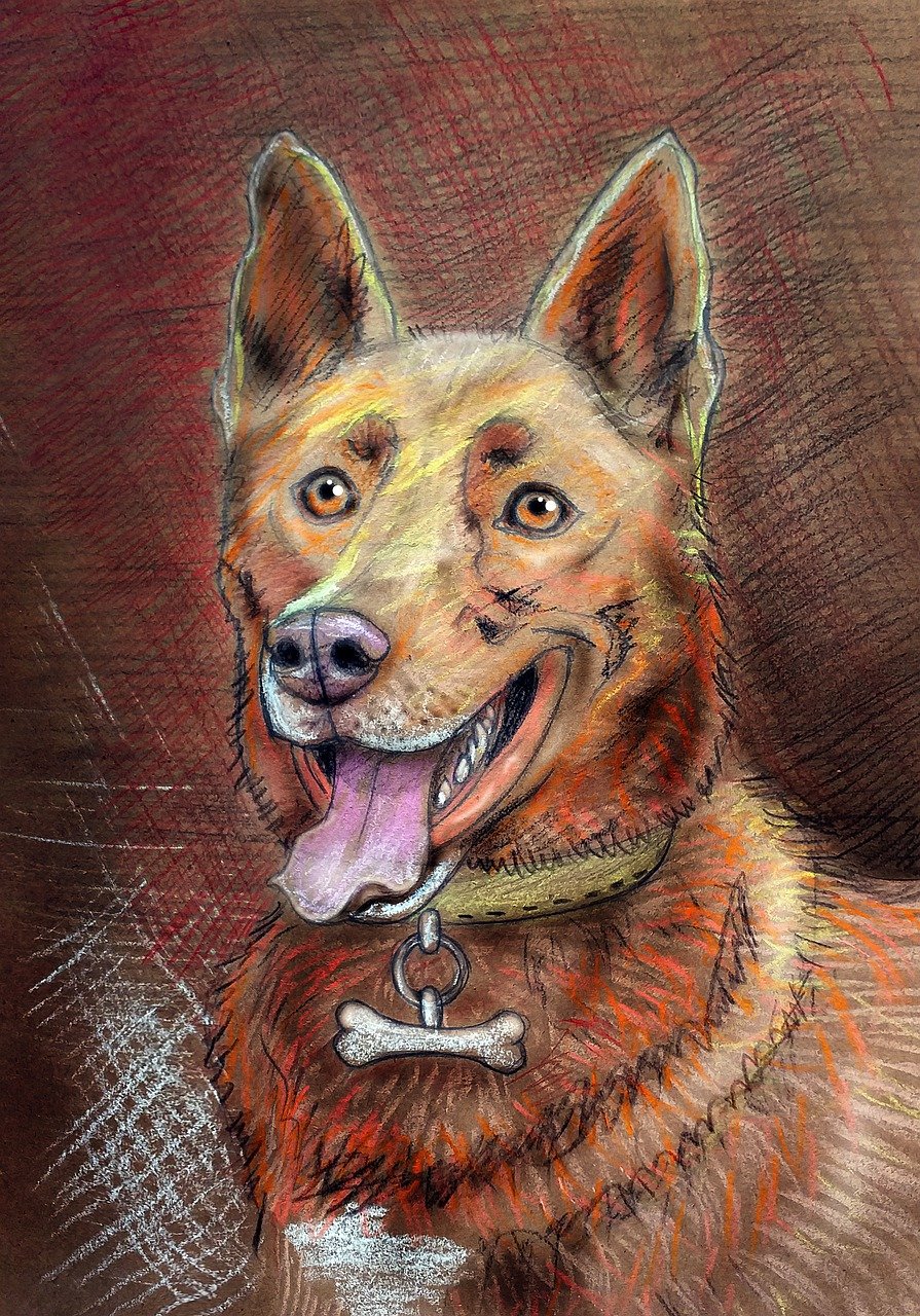 a drawing of a dog with a bone in its mouth, a pastel, by Stefan Gierowski, shutterstock contest winner, furry art, warm color scheme art rendition, a dingo mascot, highly detailed photo of happy, mixed media style illustration