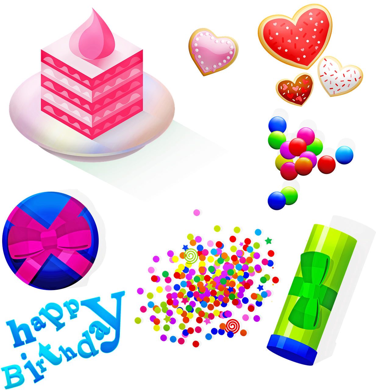 a piece of cake sitting on top of a plate, vector art, pixel art, party balloons, incredible isometric screenshot, various items, on a black background