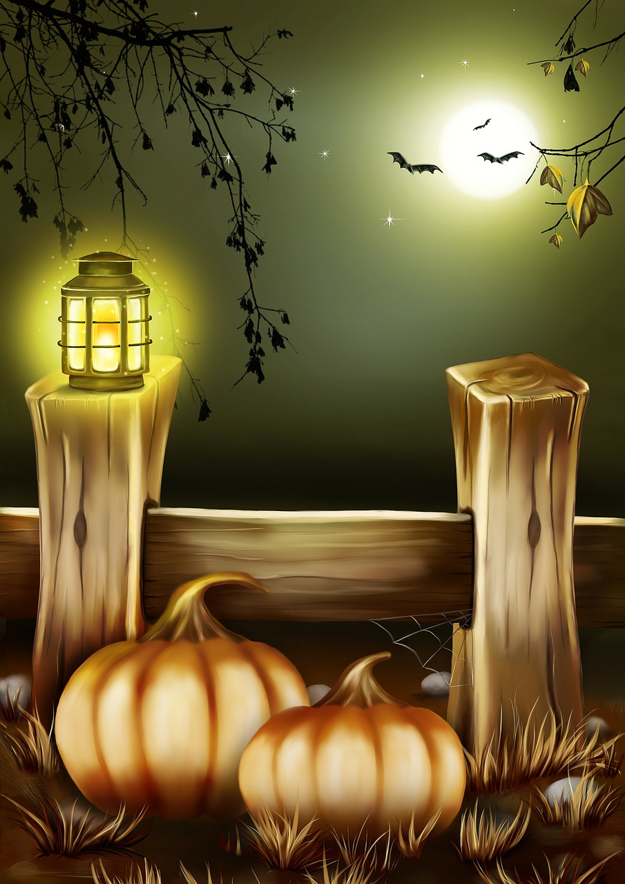 a painting of pumpkins and a lantern on a fence, a digital rendering, shutterstock, night light, empty background, closeup photo, woods background