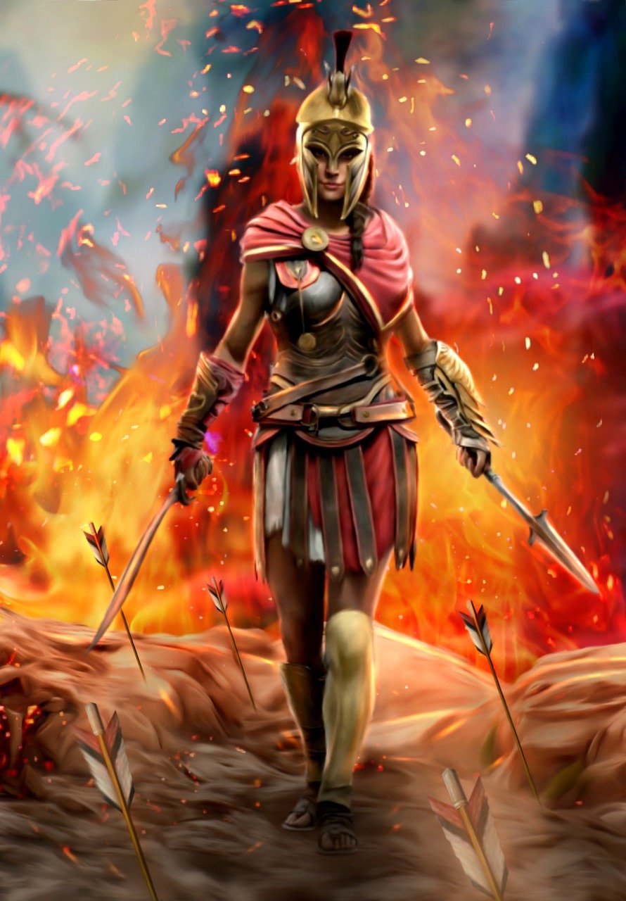 a woman that is standing in front of a fire, sots art, spartan armor, war of colorss, iphone background, assasin