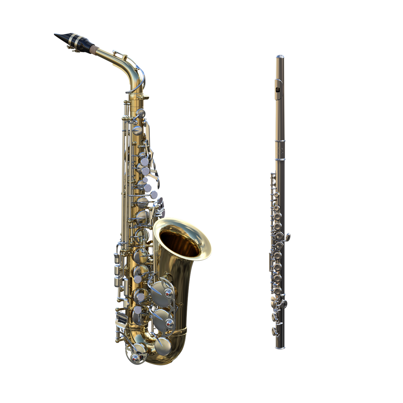 a saxophone and a flute on a black background, trending on polycount, photorealism, top and side view, highly detailed and ornated, brass equipment and computers, 3 d model