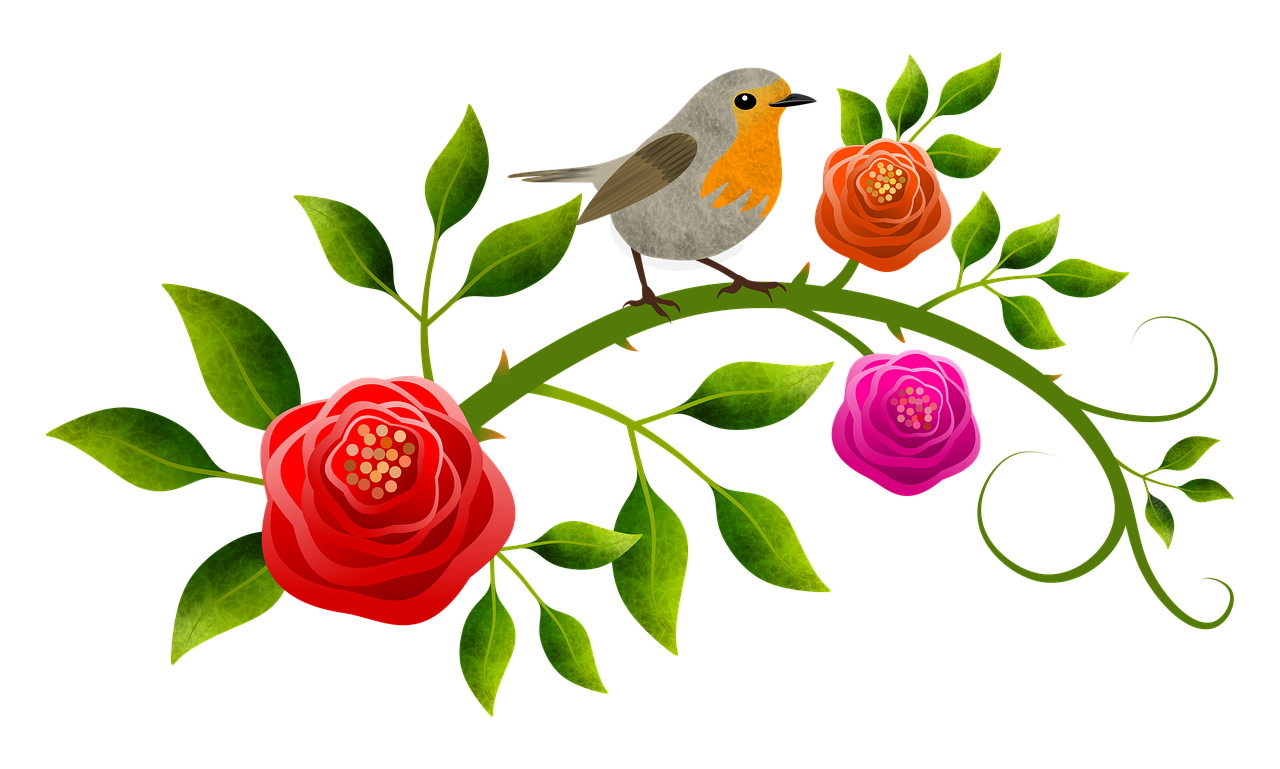 a bird sitting on top of a branch of flowers, a digital painting, by Maki Haku, naive art, decorative roses, robin, black backround. inkscape, graphic detail