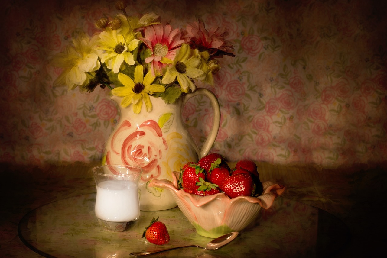 a vase filled with flowers next to a glass of milk, a still life, inspired by Henriette Wyeth, shutterstock contest winner, photorealism, strawberries, tim hildebrant, romantic!!!, faded red and yelow