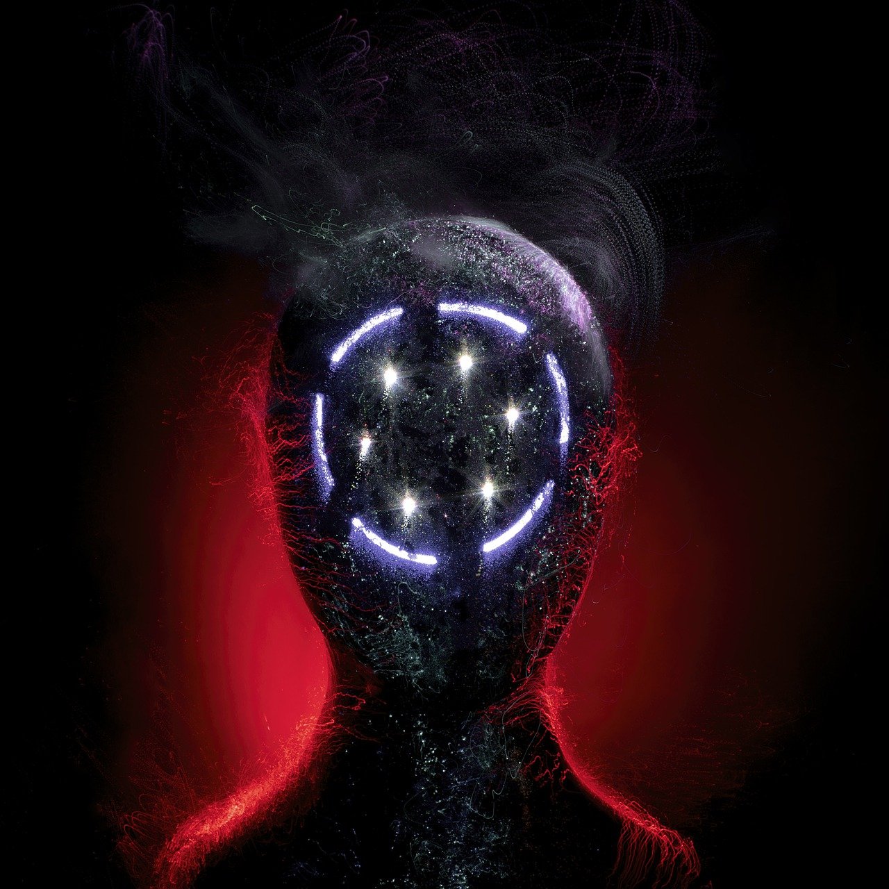 a close up of a person with a glowing face, digital art, metal brain, electric aura with particles, evil energy, infini - d - render