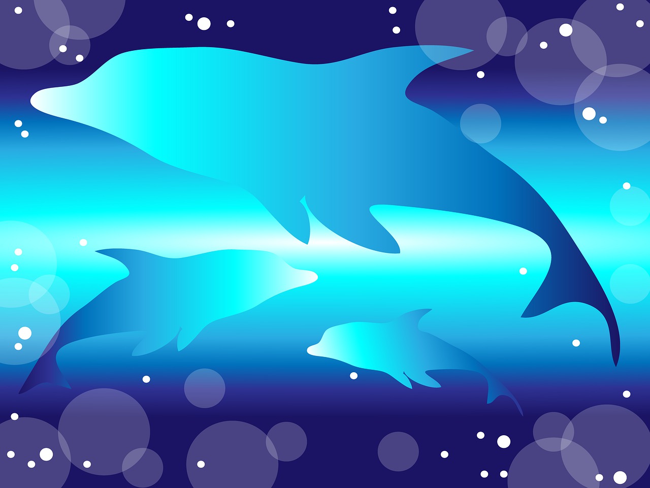a couple of dolphins are swimming in the ocean, an illustration of, art deco, beautiful blue lights, family photo, smooth gradation, wallpaper!