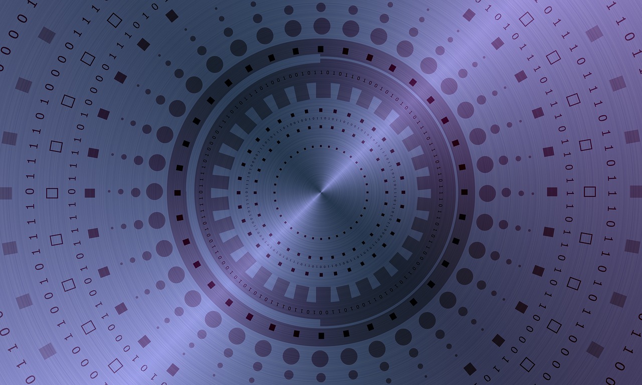 a clock that is sitting in the middle of a circle, a digital rendering, computer art, dot gradient, metallic texture, blue and violet color scheme, industrial background