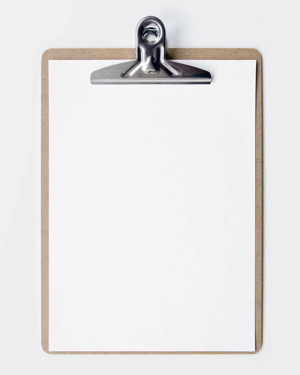 a clipboard with a piece of paper attached to it, pexels, visual art, plain background, thin face structure, background image, looking towards the camera