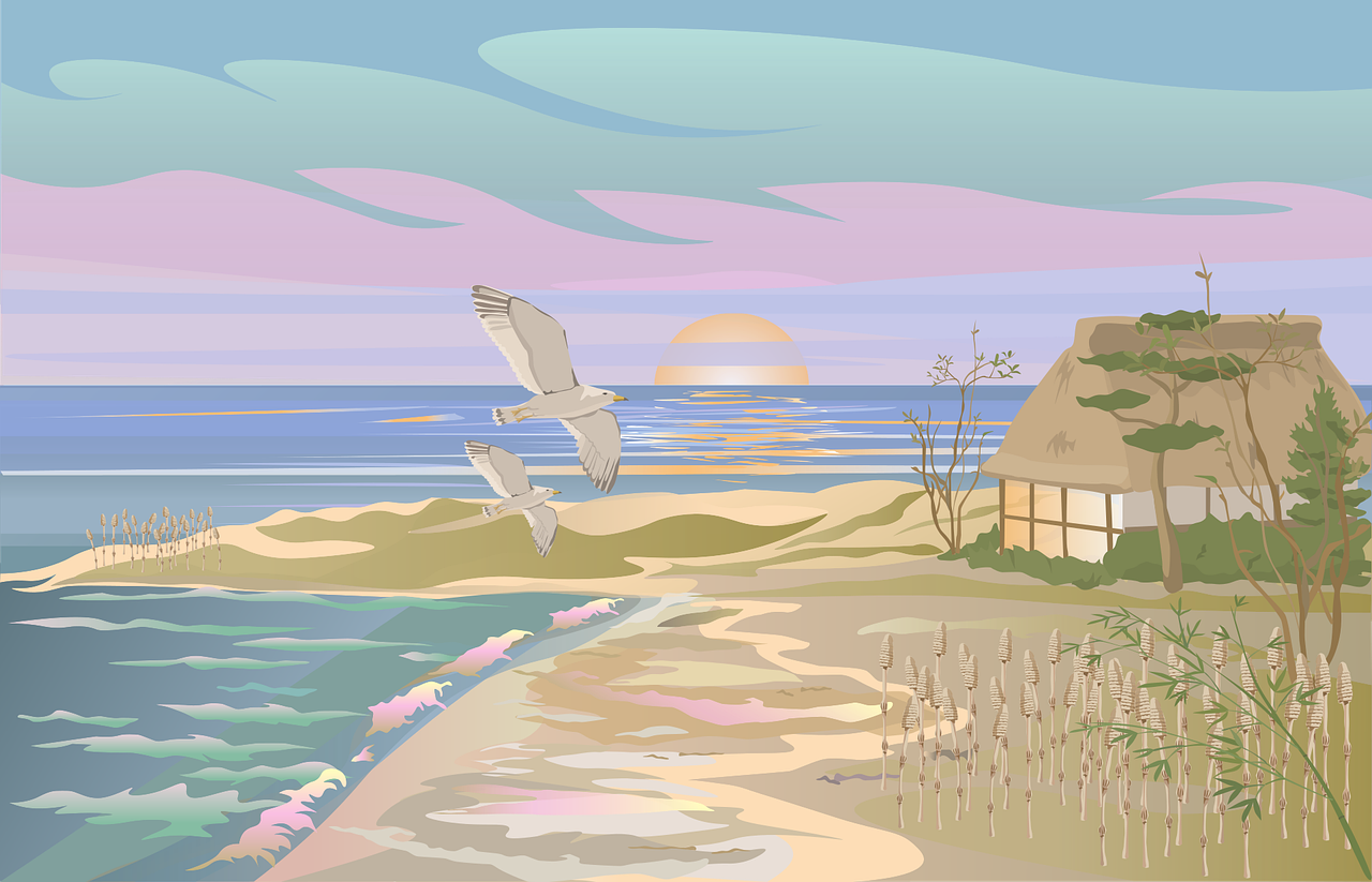 a bird flying over a sandy beach next to the ocean, an illustration of, naive art, cozy home background, spring evening, thatched roof, illustration