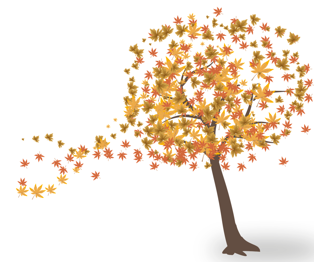 a tree with leaves blowing in the wind, a digital rendering, inspired by Sesshū Tōyō, autumn leaves falling, with a black background, lineless, full res