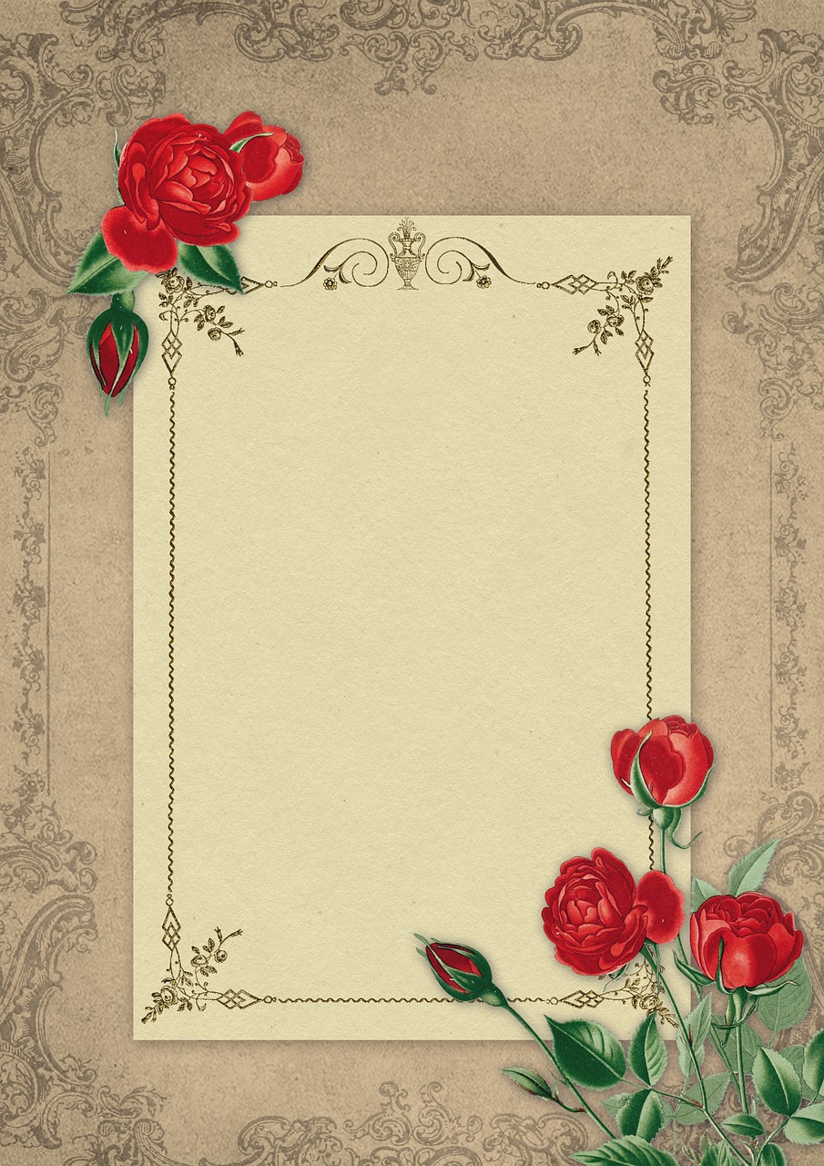 a piece of paper with red roses on it, a digital rendering, art nouveau, steampunk background, high quality photos, mid shot photo, calligraphy border