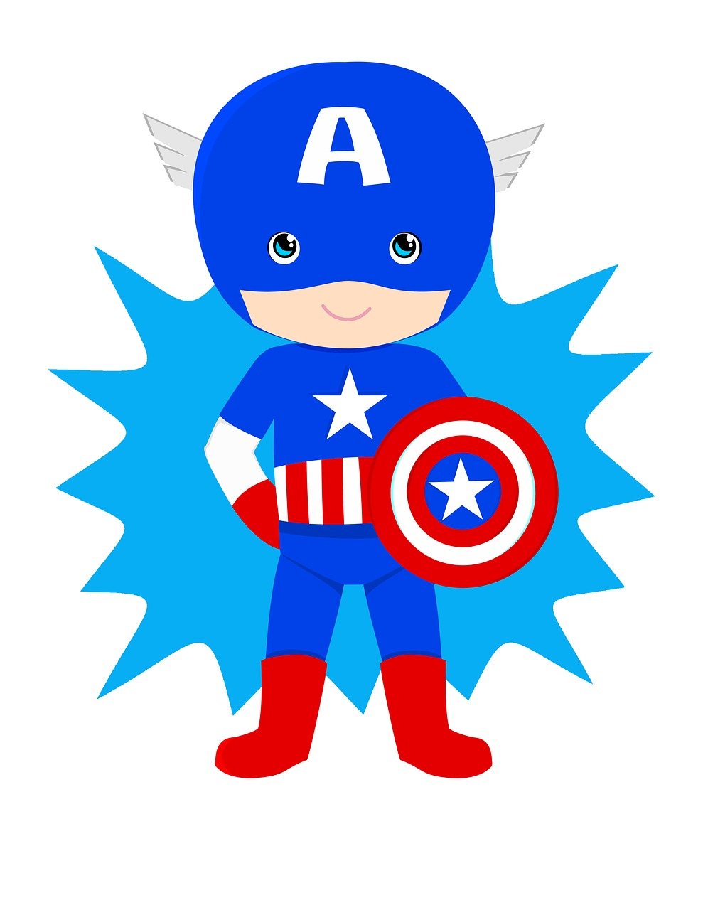 a boy in a captain costume holding a shield, by Leon Polk Smith, pop art, cute cartoon character, patriotic, super cute and friendly, costume with blue accents