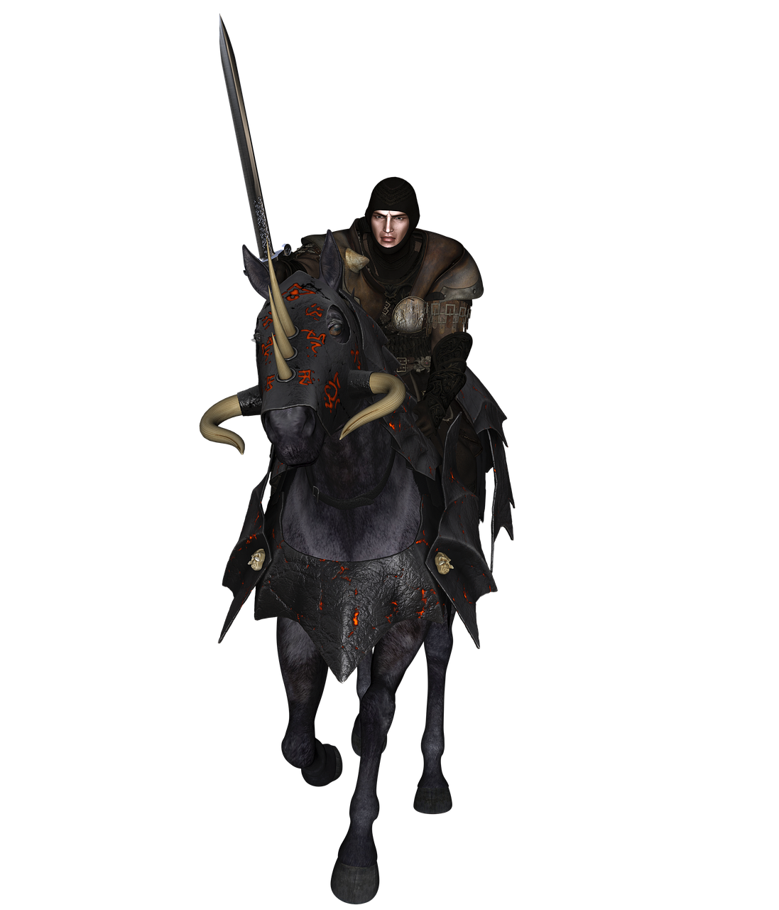 a man riding on the back of a black horse, inspired by Hans Bol, polycount contest winner, renaissance, richard iv the roman king photo, very dark background, wielding a spear, 2 d render