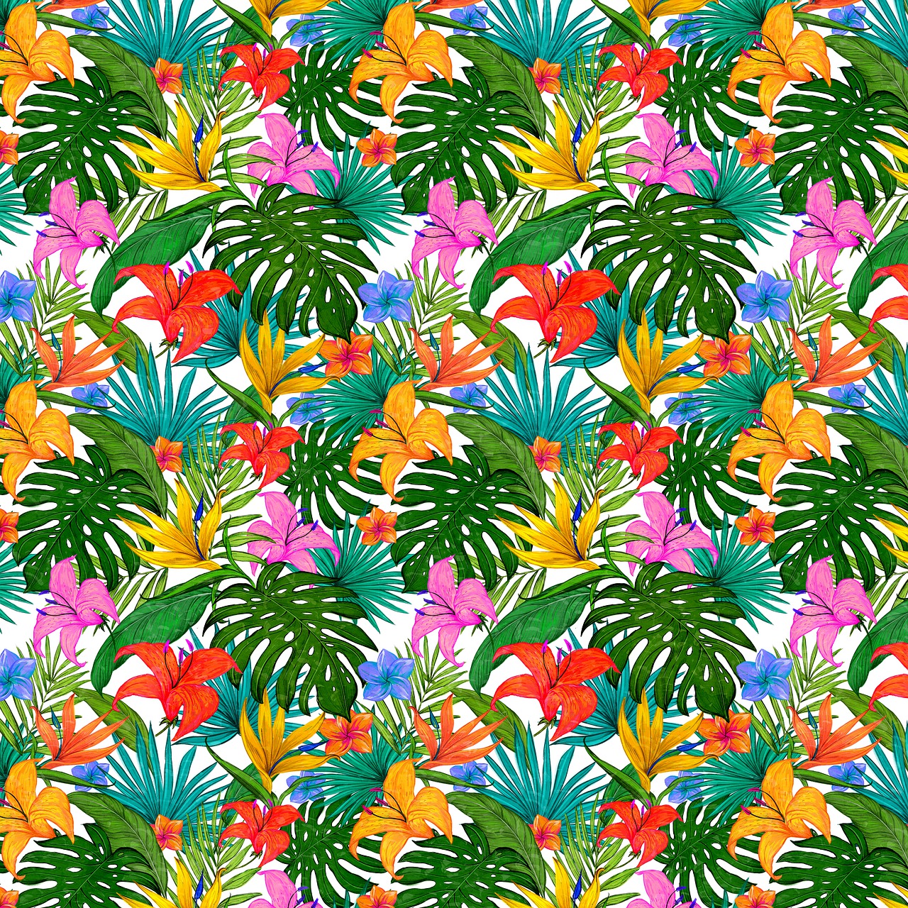 colorful tropical leaves and flowers on a white background, by Jeka Kemp, naive art, front side view full sheet, martin mottet, made with illustrator, phone background