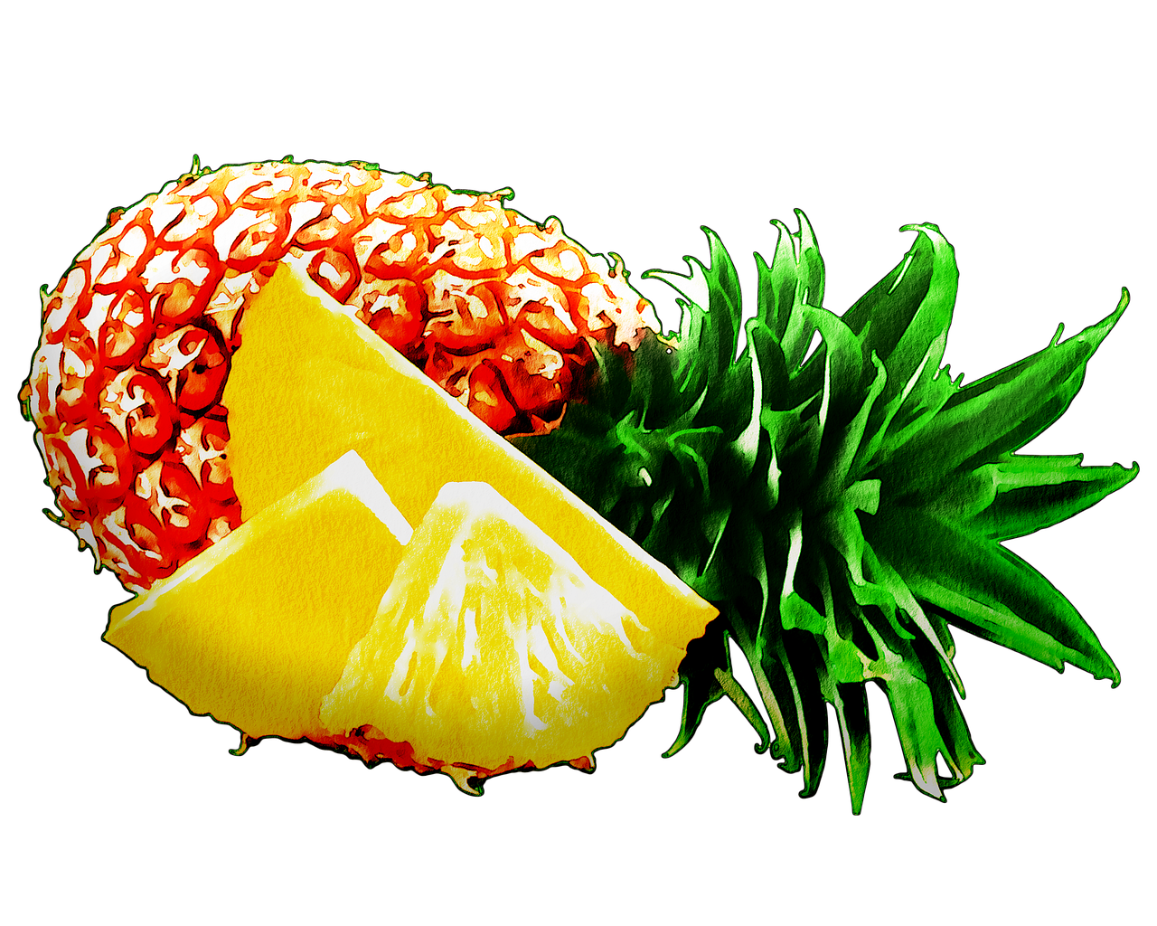 a pineapple and a half of a pineapple, a digital rendering, by Allen Jones, digital art, posterized color, amazing food illustration, bright on black, header