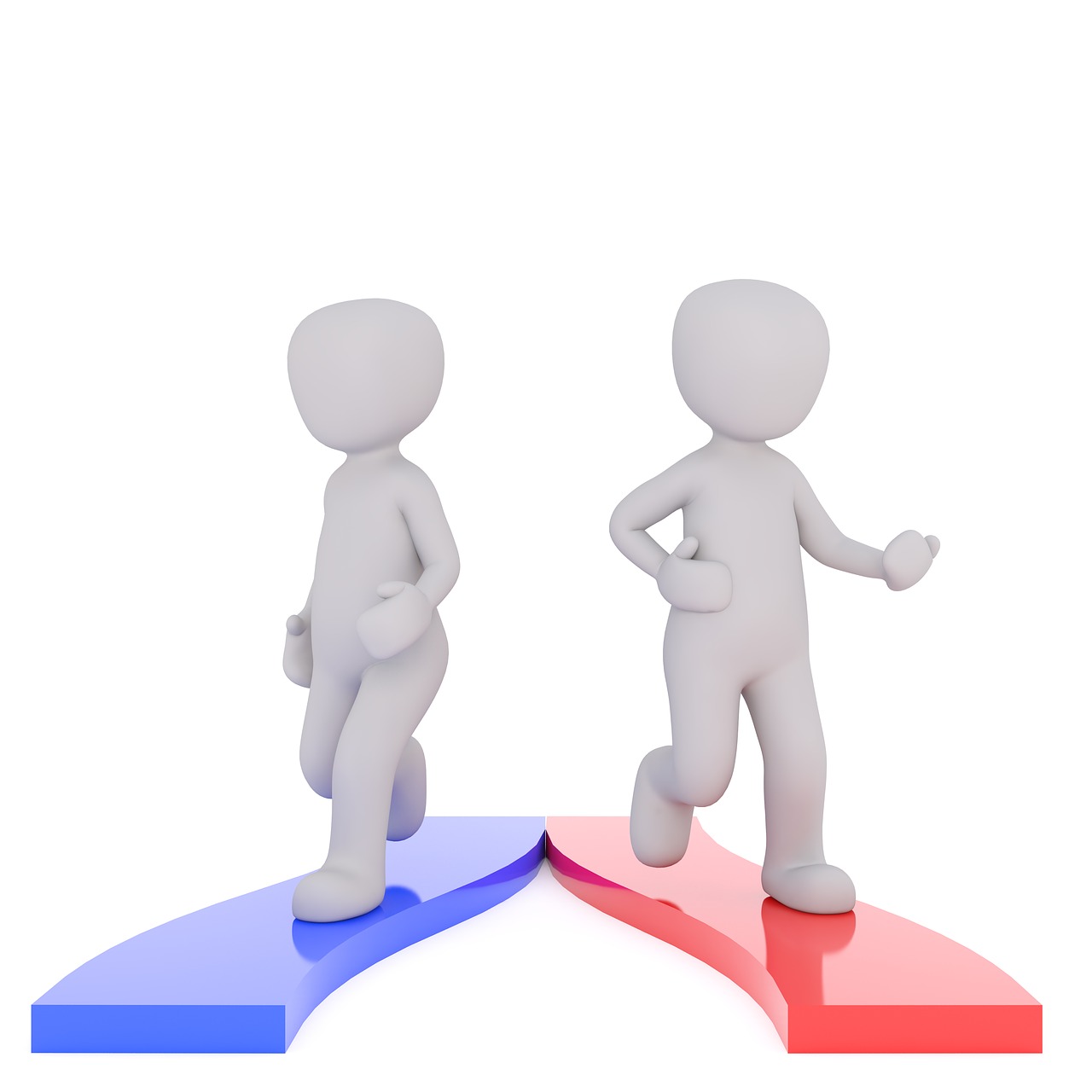 a couple of people standing on top of a blue and red arrow, a digital rendering, running pose, tai chi, contest, identical picture