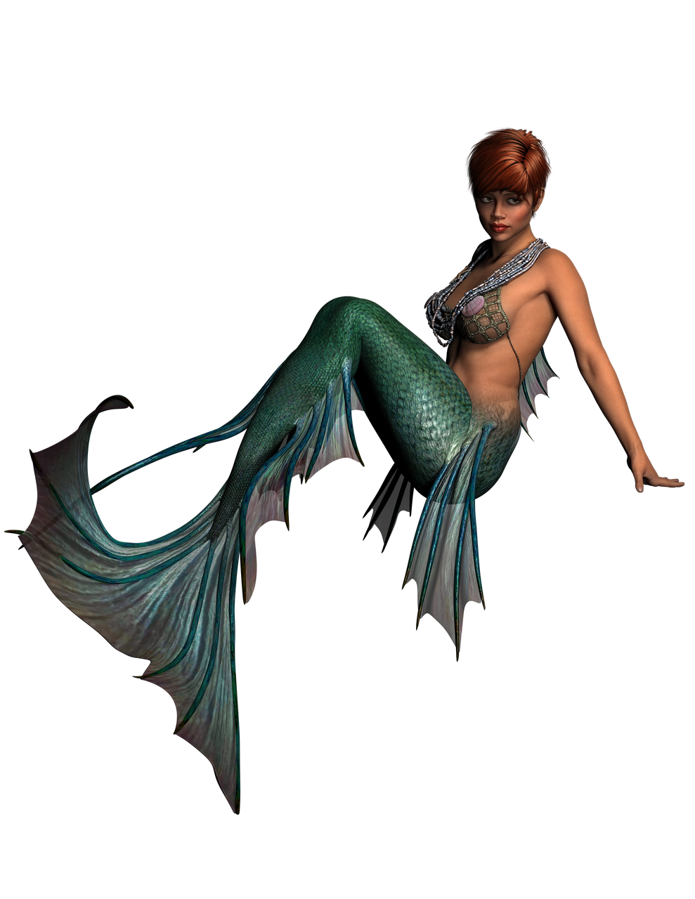 a woman in a mermaid tail swims in the water, by Linda Sutton, zbrush central contest winner, copper and emerald, attractive pose, courtesy of mbari, sitting pose