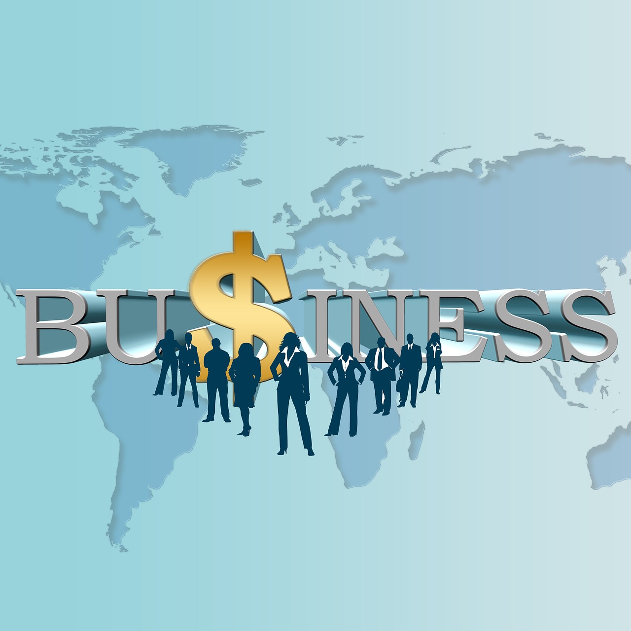 a group of business people standing in front of a world map, a photo, by Jeanna bauck, trending on pixabay, art deco, dollar sign, word, business men, detailed 2d illustration