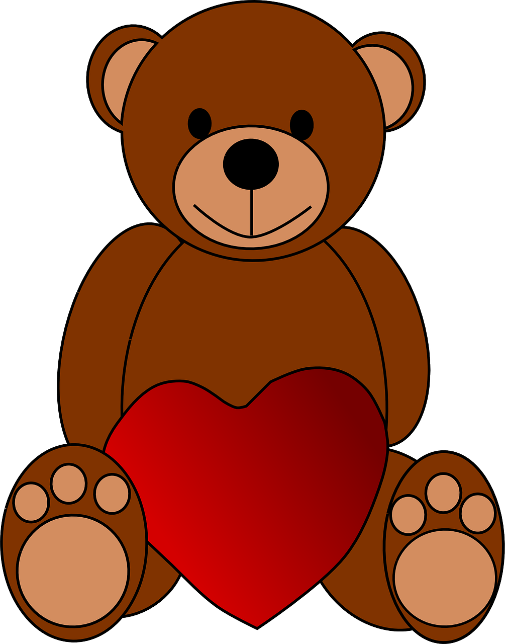 a brown teddy bear holding a red heart, a cartoon, brown:-2, full colored, solid, full heart - shaped face