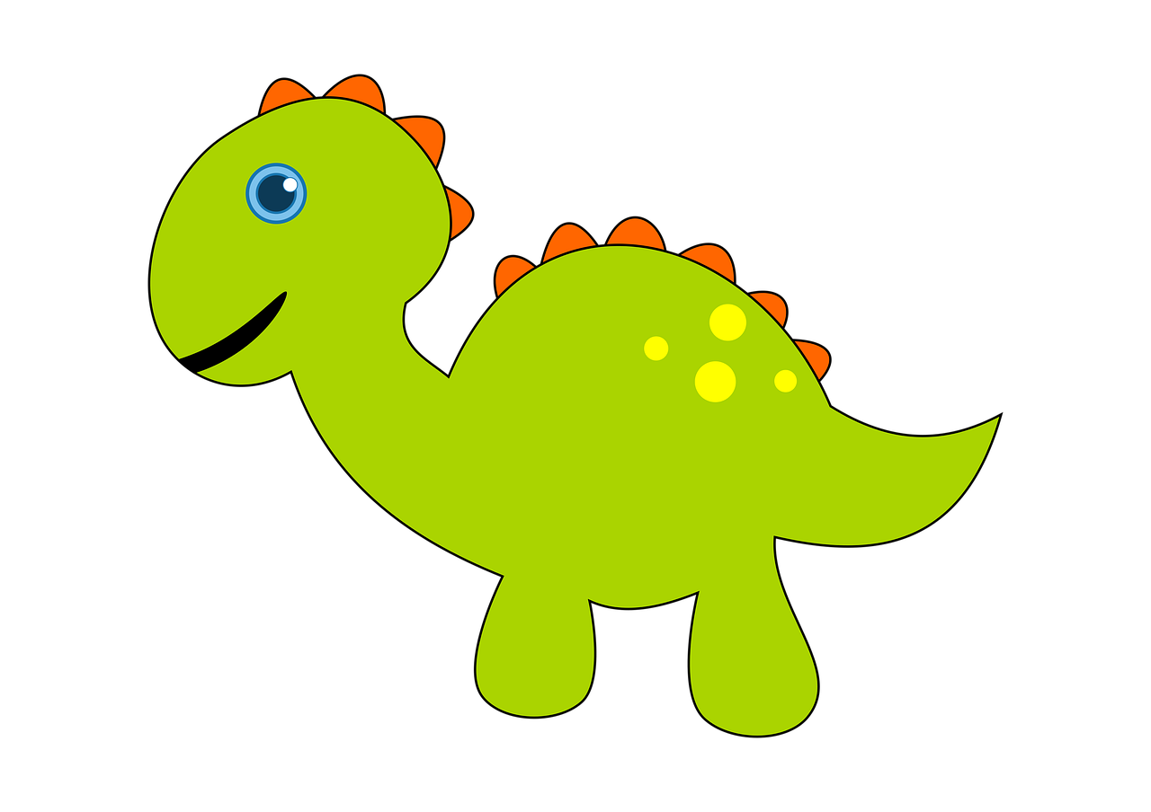 a green dinosaur with orange spots on its back, a screenshot, inspired by Abidin Dino, pixabay, !!! very coherent!!! vector art, cute round green slanted eyes, on black background, reddish