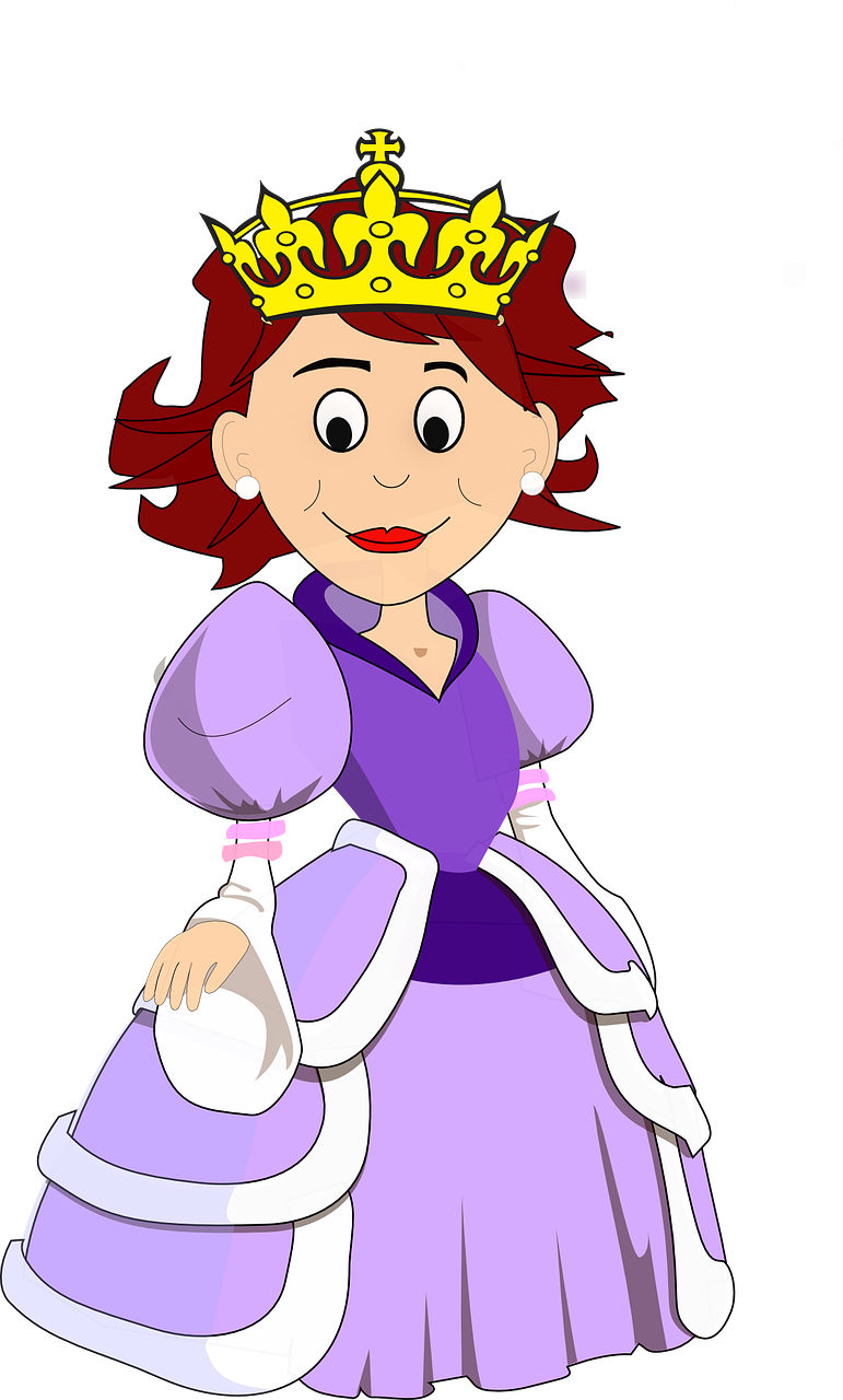 a cartoon princess with a crown on her head, a character portrait, inspired by Daphne Fedarb, pixabay, digital art, a purple and white dress uniform, red haired girl, about to step on you, toddler