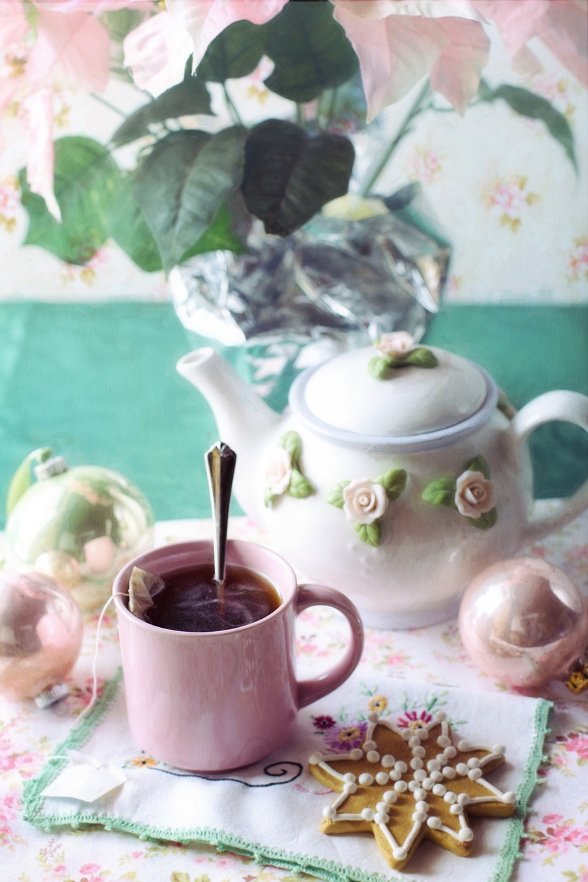 a cup of hot chocolate sitting on top of a table, a still life, tumblr, rococo, pink and green, teapot, high quality product image”