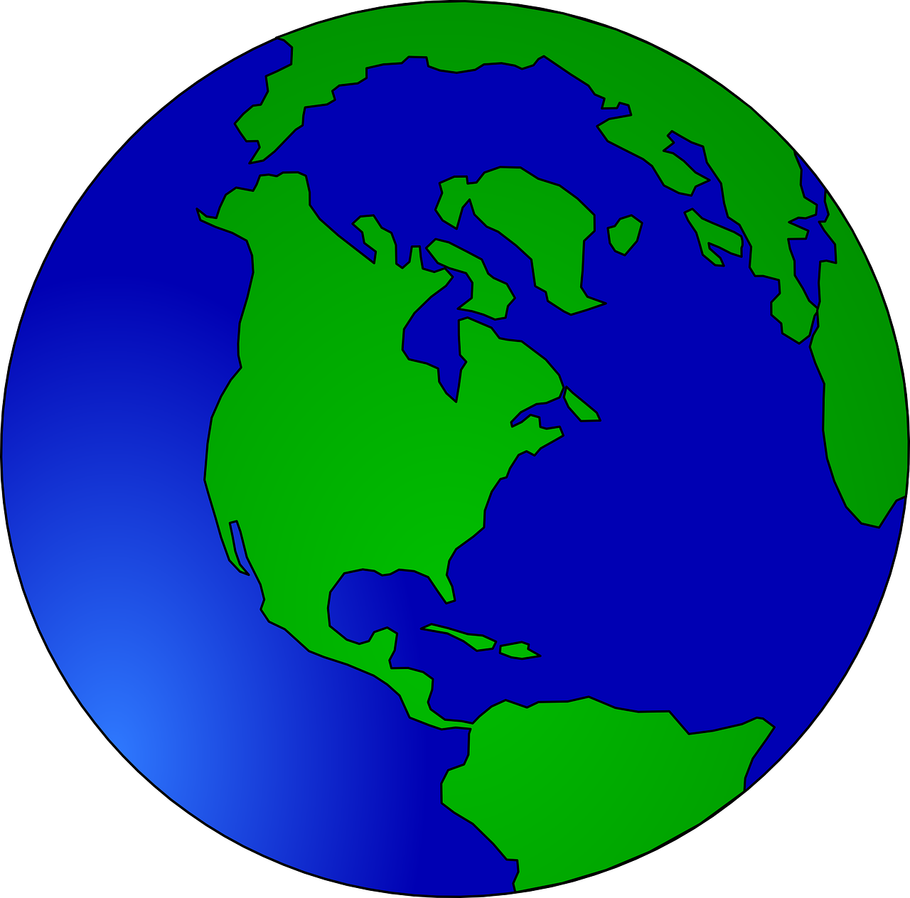 a blue and green globe on a black background, by Tom Carapic, pixabay, full figured mother earth, no gradients, america, bird view