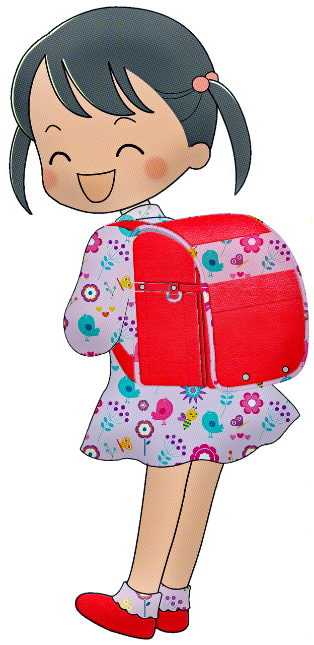 a little girl with a backpack on her back, a digital rendering, inspired by Takehisa Yumeji, pixabay, mingei, cute huge pockets hardware, papier colle, shiny!!, poppy