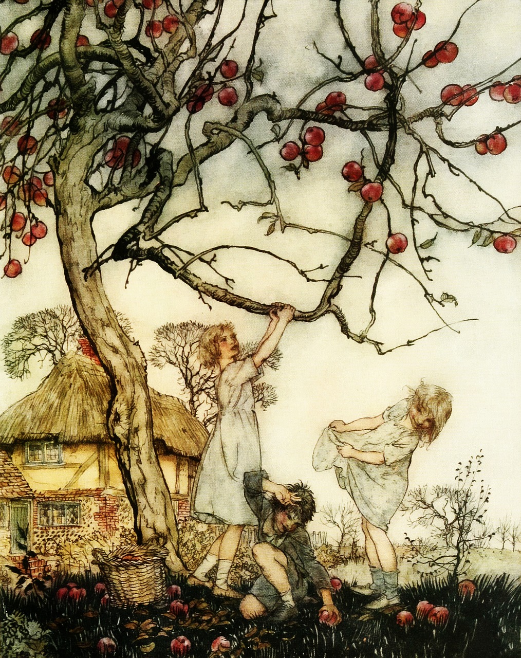 a painting of two children picking apples from a tree, by Arthur Rackham, digital art, poppy, on a village, fairies and scissors, right side composition