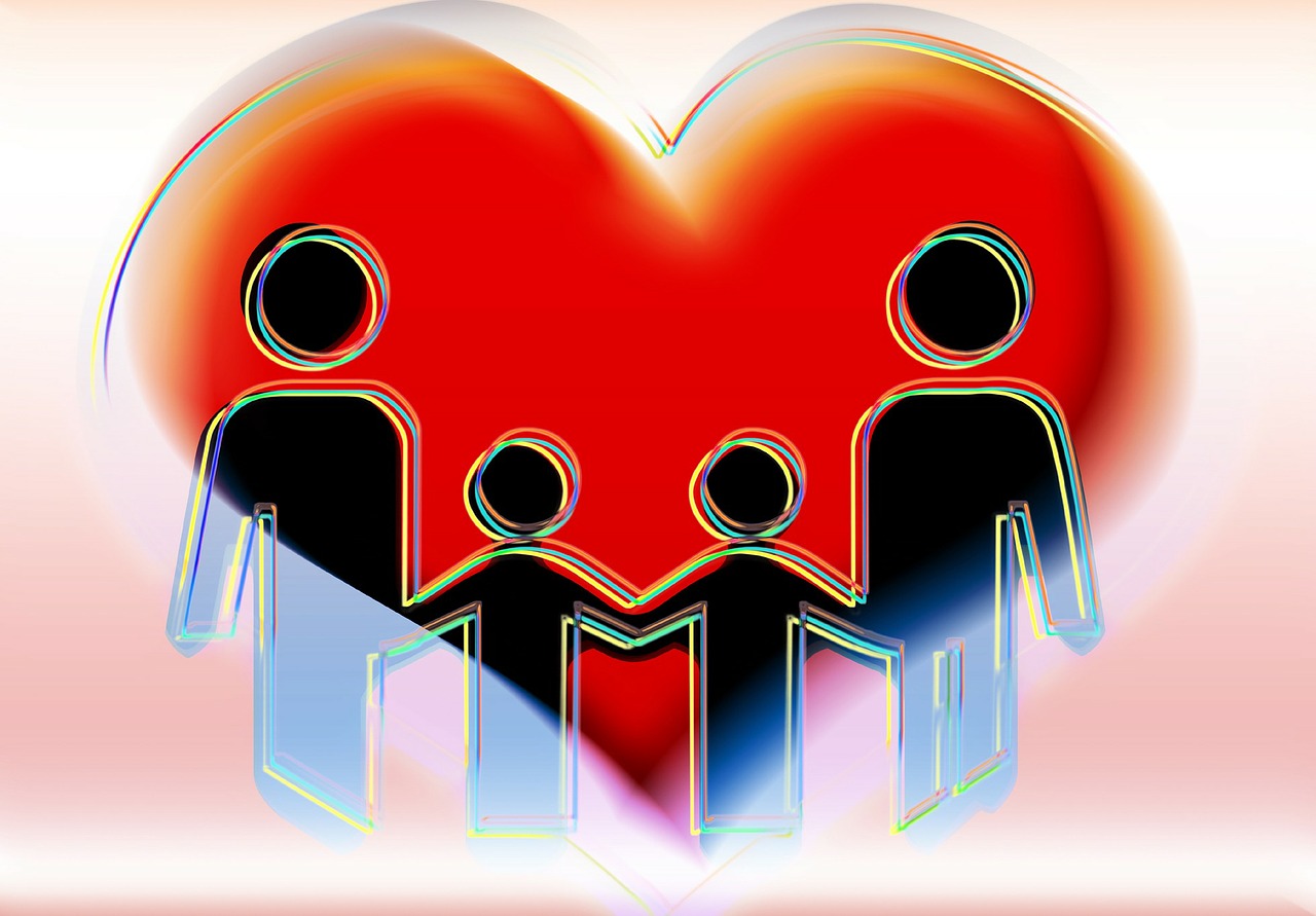 a group of people holding hands in front of a heart, a digital rendering, by Susan Heidi, pixabay, figuration libre, family crest, panel, in red background, shelter