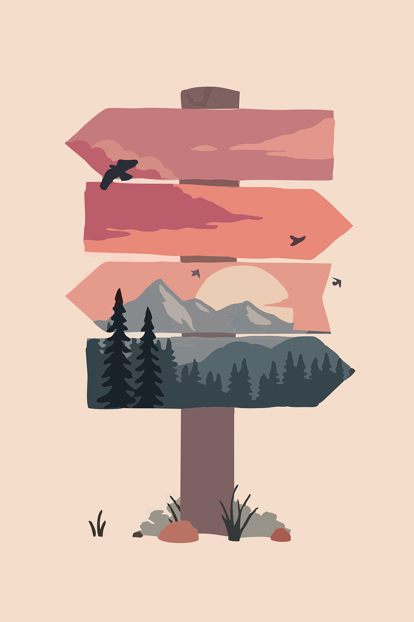 a wooden sign with mountains in the background, vector art, regionalism, vertical wallpaper, birds and trees, arrows, sunset illustration
