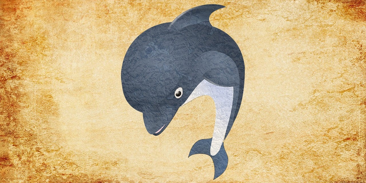 a drawing of a dolphin jumping out of the water, vector art, inspired by Ohara Koson, featured on pixabay, big head, torn paper collage, wooden, “portrait of a cartoon animal