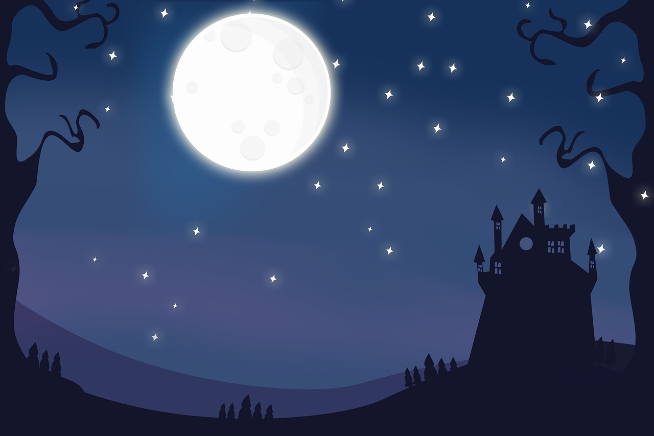 a castle at night with a full moon in the sky, a storybook illustration, poster illustration, illustration, without text, festival