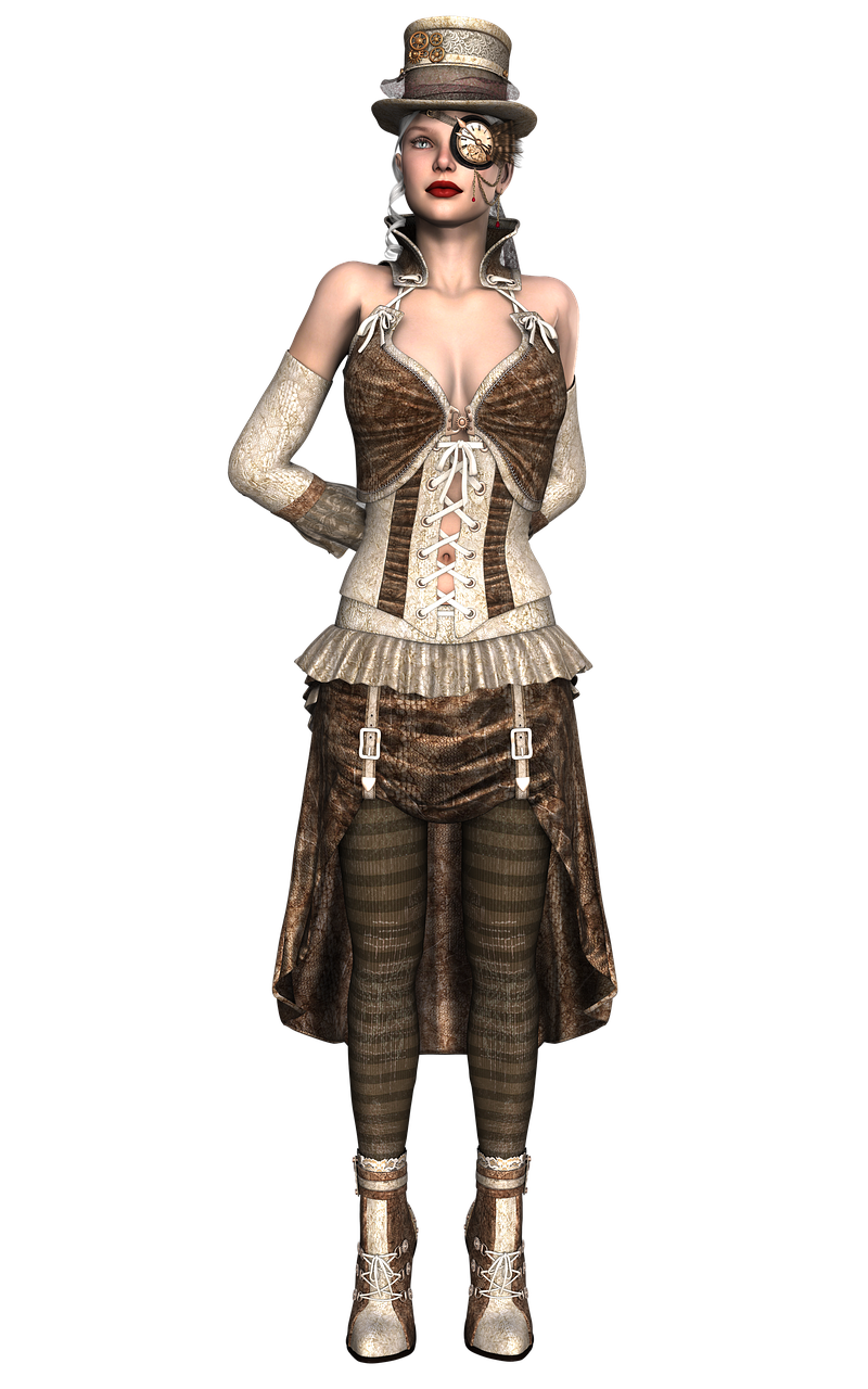 a woman in a steampunk outfit poses for a picture, a 3D render, inspired by Aramenta Dianthe Vail, trending on cg society, renaissance, dark sienna and white, ffxi, the dress\'s lower, hd screenshot