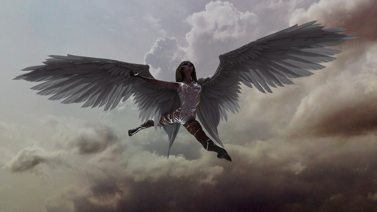 an image of an angel flying in the sky, digital art, pixabay contest winner, digital art, armor angle with wing, lori earley, running and falling on clouds, full body shot close up