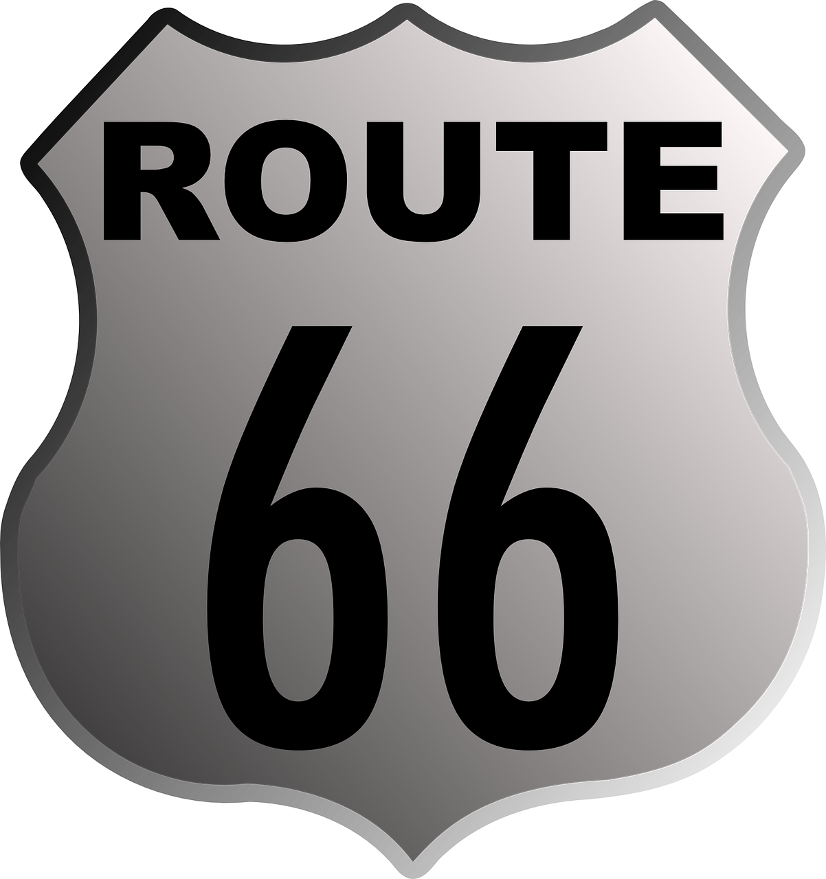 a silver route 66 sign on a black background, pixabay, pop art, 1961”