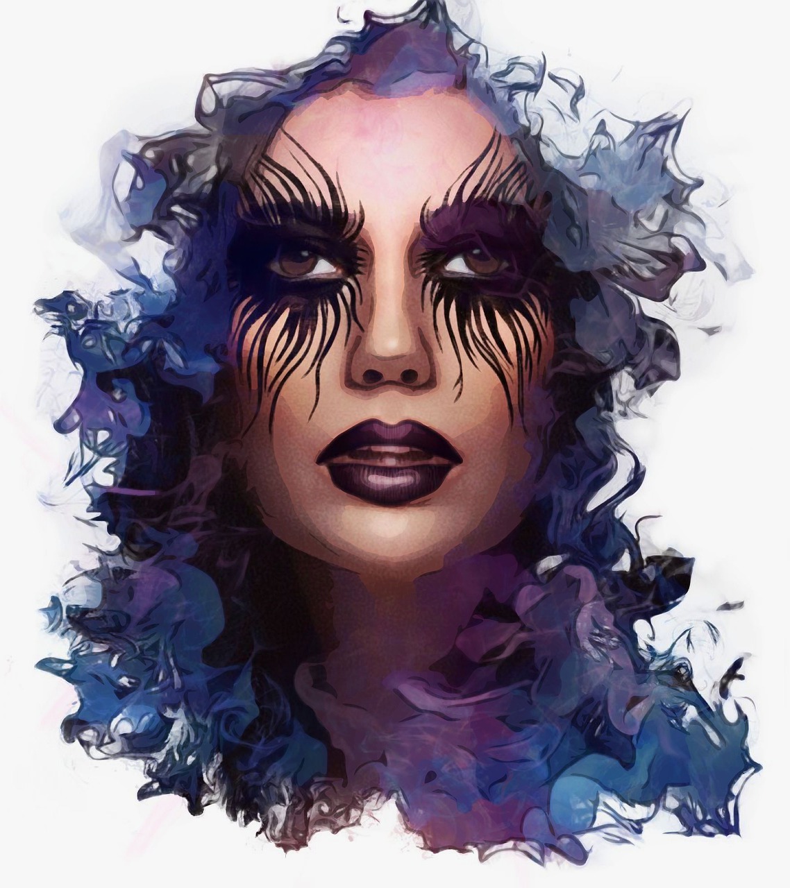 a digital painting of a woman's face, behance contest winner, gothic art, demon black blue purple, creative makeup, watercolor painting style, harpy woman