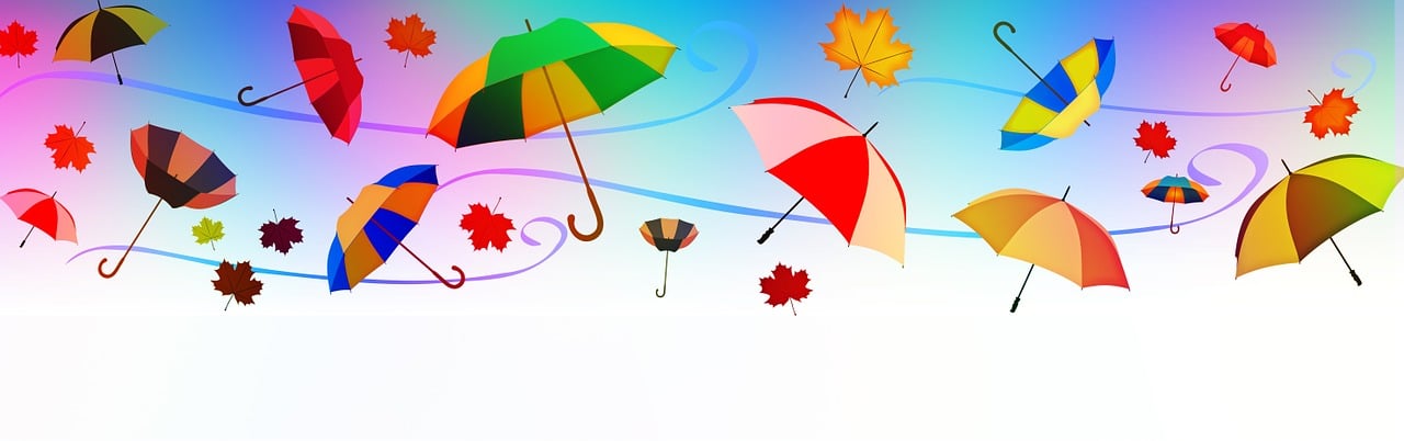 a bunch of umbrellas that are flying in the air, vector art, pixabay, conceptual art, autumn background, on a bright day, canadian maple leaves, [ digital art ]!!