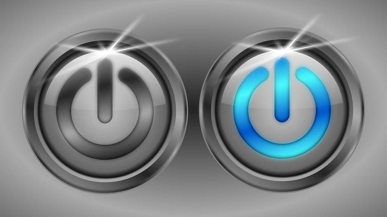 a silver and blue power button on a gray background, a digital rendering, deviantart, digital art, sirius a and sirius b, who, neon operator, digital illustration -