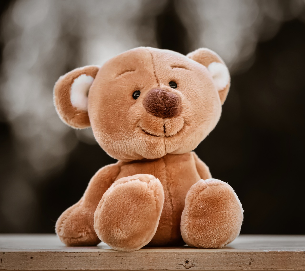 a brown teddy bear sitting on top of a wooden table, a picture, by Thomas Häfner, shutterstock, smiling slightly, high detail product photo, plushie, outdoor photo